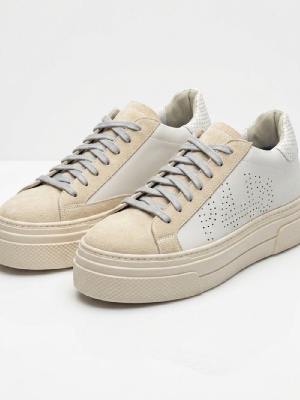 P448 Womens Beige Suede Platform Sneakers Cream Leather Lace Up Low Top Size 39